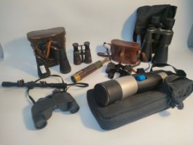 A collection of binoculars & telescope; Lizars Izar prism binoculars Edinburgh & Glasgow & Rifle