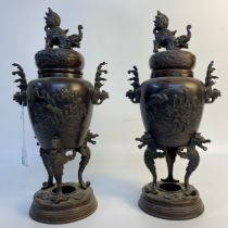 A pair of Japanese bronze incense burners with foo dog lids [36.5cm]