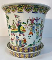 An Antique Republic Chinese '100 boys' pattern planter with resting plate [29.5x33cm]