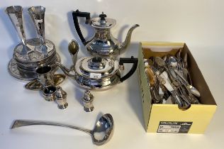 A collection of silver plated & flat wares; 2 Sheffield plated tea pots & ladle
