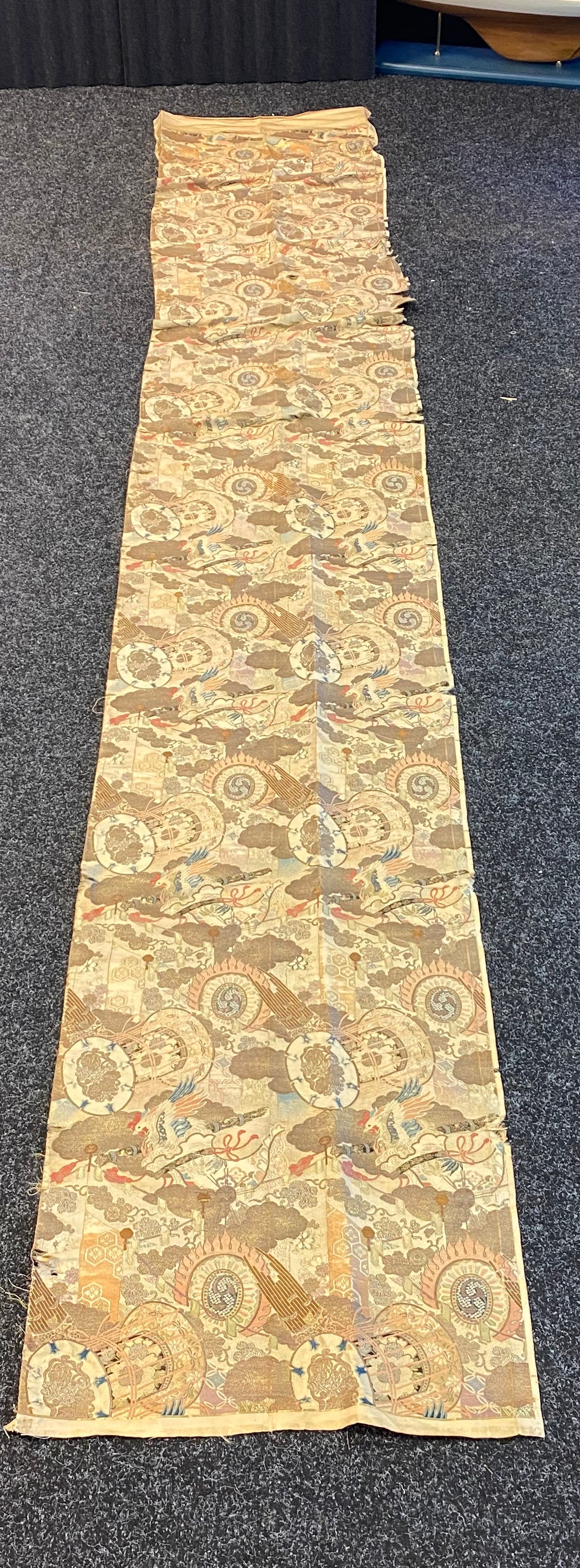 A Qing dynasty Chinese silk gold thread panel depicting cockerals [410cm in length]