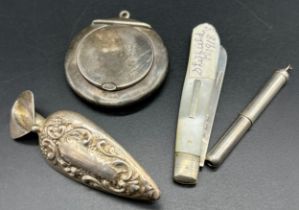 Four various items of silver; Birmingham silver retractable toothpick holder, Birmingham silver