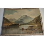 A Victorian unframed oil painting depicting highland castle ruins on loch scene [needs attention] [