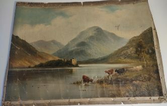 A Victorian unframed oil painting depicting highland castle ruins on loch scene [needs attention] [