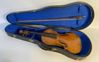 An antique violin & bow in fitted case [in need of attention] [59cm]
