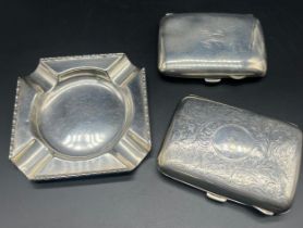 Three Birmingham silver items; Two silver cigarette cases and ashtray. [Total silver weight- 186.