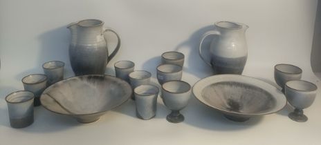 A Woburn studio pottery drinks sets; Large jugs & goblets [22cm]