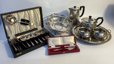 A selection of silver plated ware; boxed cutlery, swing handled basket and 5 piece silver plated