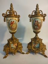 A Pair of Reproductions of Two Victorian Garniture urn vases, Brass body and enamel printed