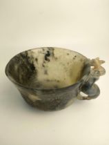 A Chinese jade pale green/ black cup with animal handle [15cm]