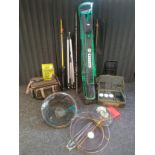 3 fishing rods with reels, fishing tubes along with tripod, nets & equipment