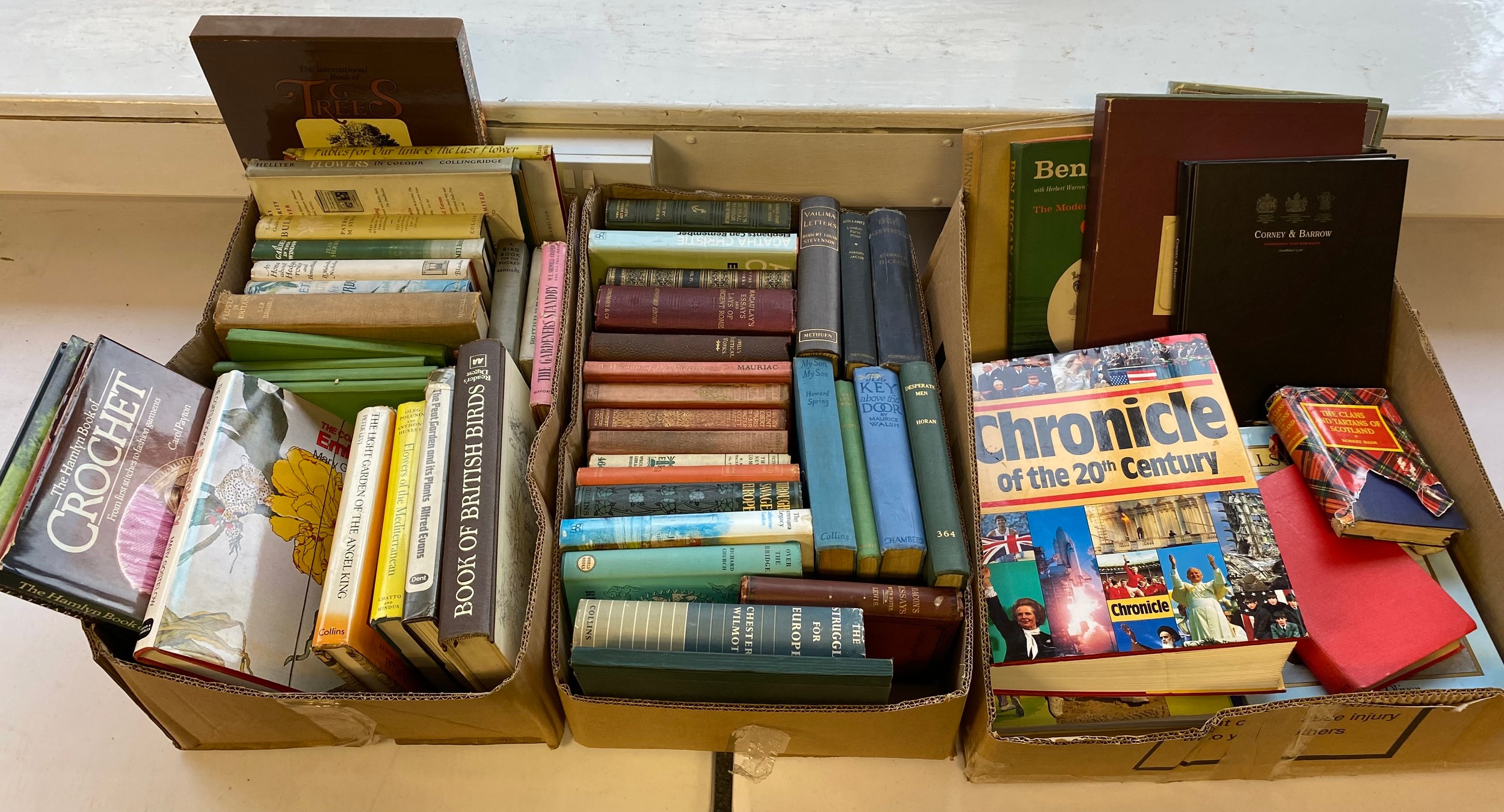 3 Boxes of various books; Gardening books & antique books; Defoe's works, Lowell's poetical works,