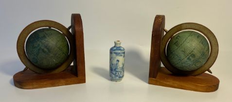 A pair of world globe book ends along with Chinese small blue & white vase with 6 character