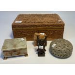 A Selection of collectables; Carved wooden jewellery box, bronze Buddha figure & onyx box