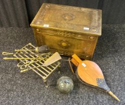 Brass coal box together with bellows and brass fire accessories