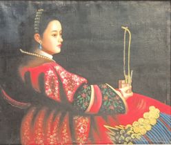Chinese beauty oil painting on canvas, unsigned. [Frame 34x38cm]