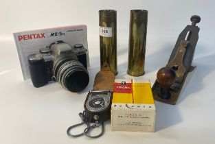 Two WW2 trench art items, a vintage brass GTL smoothing Plane together with a Pentax MZ-5N camera