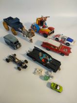 Assortment of playworn vehicles; Corgi Pop eye, Cast Iron Coat and cart vehicle toy, Corgi