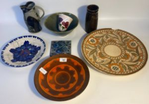 A selection of collectables; A studio pottery jug, Poole pottery mid century plate & Charlotte rheid