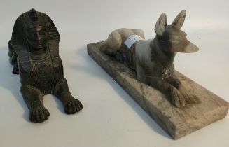 Antique hand carved marble dog sculpture together with an Egyptian Spelter Sculpture.