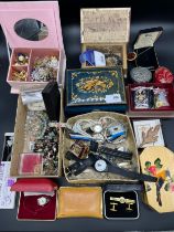 A Collection of costume jewellery, various vintage necklaces, jewellery boxes and badges.