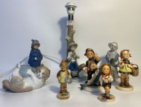 A collection of Nao & hummel figurines; A figural table lamp & clown figure