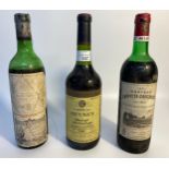 Three bottles of wine dated 1970, 1971 and 1973; Chateau Meyney, Chateau Laffitte-Carcasset and