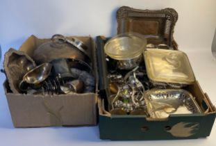 Two boxes of silver plated ware; king pattern style cutlery, plated ware tureen & various cutlery