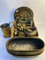 A box of antique brass wares; B Libach brass drinking jug dated 1790 & brass planter