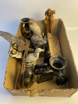 A Box of eastern collectables; A Soap stone bird figure, vintage desk pen holder & a vintage tool