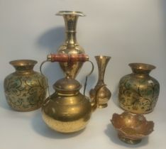 A collection of antique brass ware;A pair of Islamic bird scene Vases & A brass islamic style