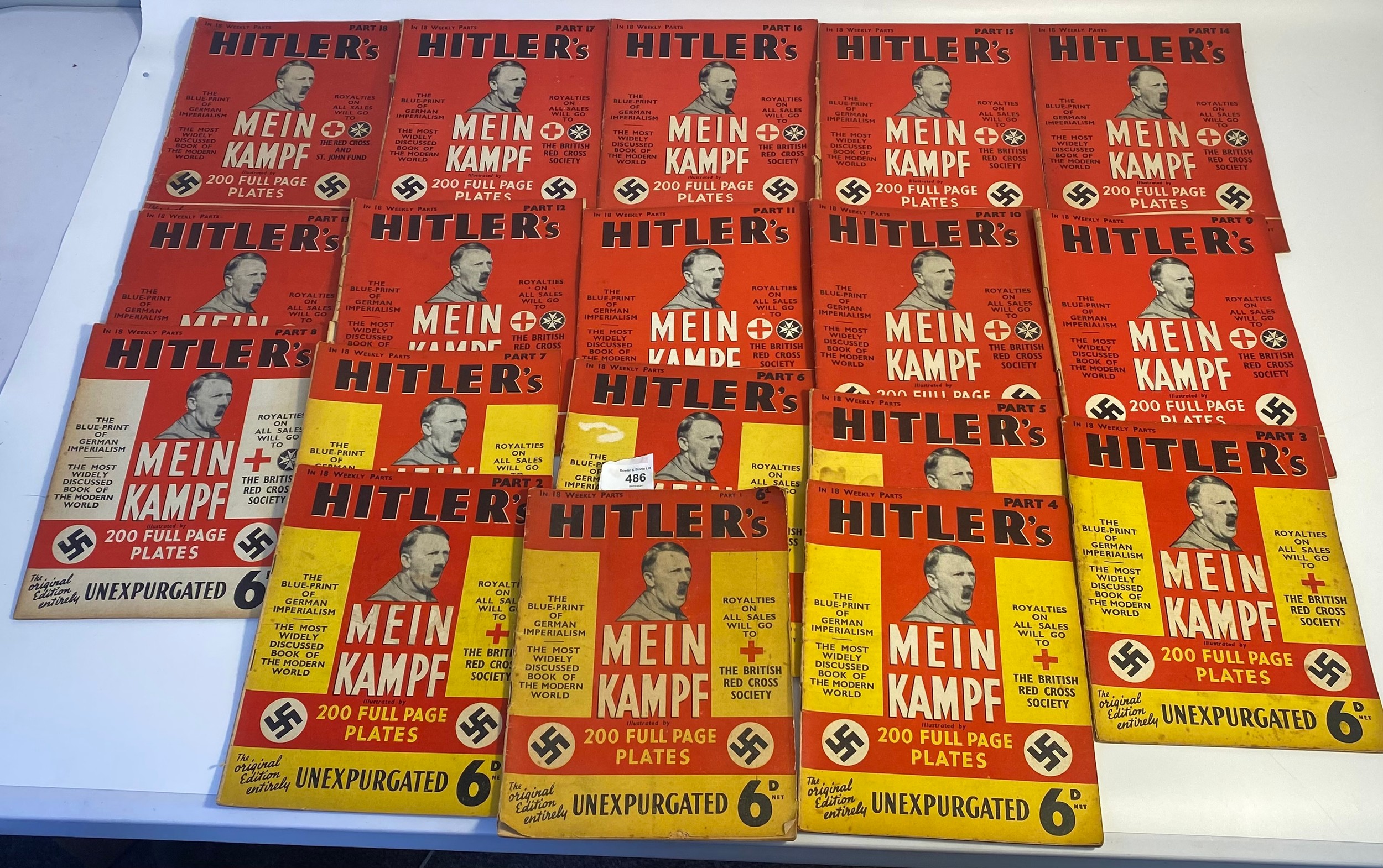 A Full set of 18 weekly magazines of Hitler's Mein Kampf. Published 1939 by Hutchinson & Co London