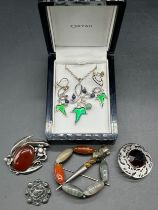 A Selection of Scottish Silver jewellery; Boxed Ortak Silver and enamel pendant and matching earring