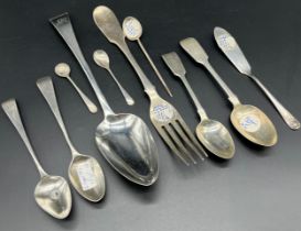 A Selection of silver flat wares; Georgian London silver serving spoon, London silver dinner fork