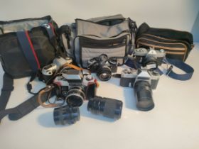 A selection of vintage cameras & lenses; Exakta Rtl1000, Chinon & bell & Howell cameras