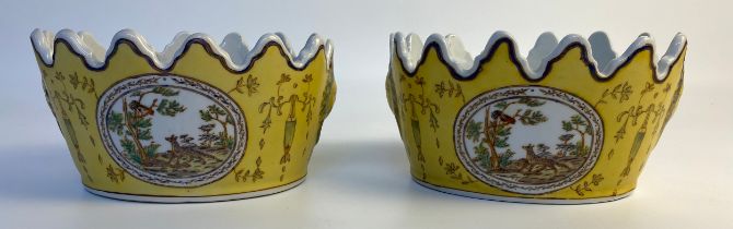 A Pair of 20th century Chinese Porcelain Jaune Ground Lion Head Monteith with Pheasant and Wolf