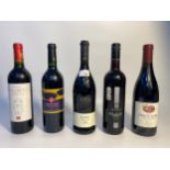 Five bottles of wine mostly French and dates from 2001 to 2014; The society’s Claret Bordeaux,