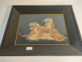 Japanese Meiji period embroidery of two tigers resting. Fitted within a dark oak frame. [42x52cm-