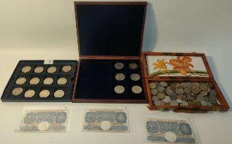 A Large collection of British & American coins & british bank notes; 1970s liberty one dollar coins,