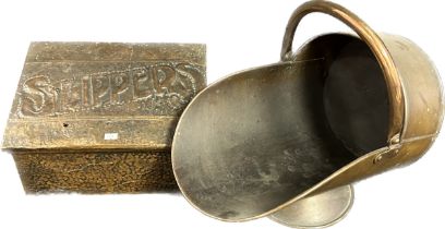 Brass coal scuttle and slipper box