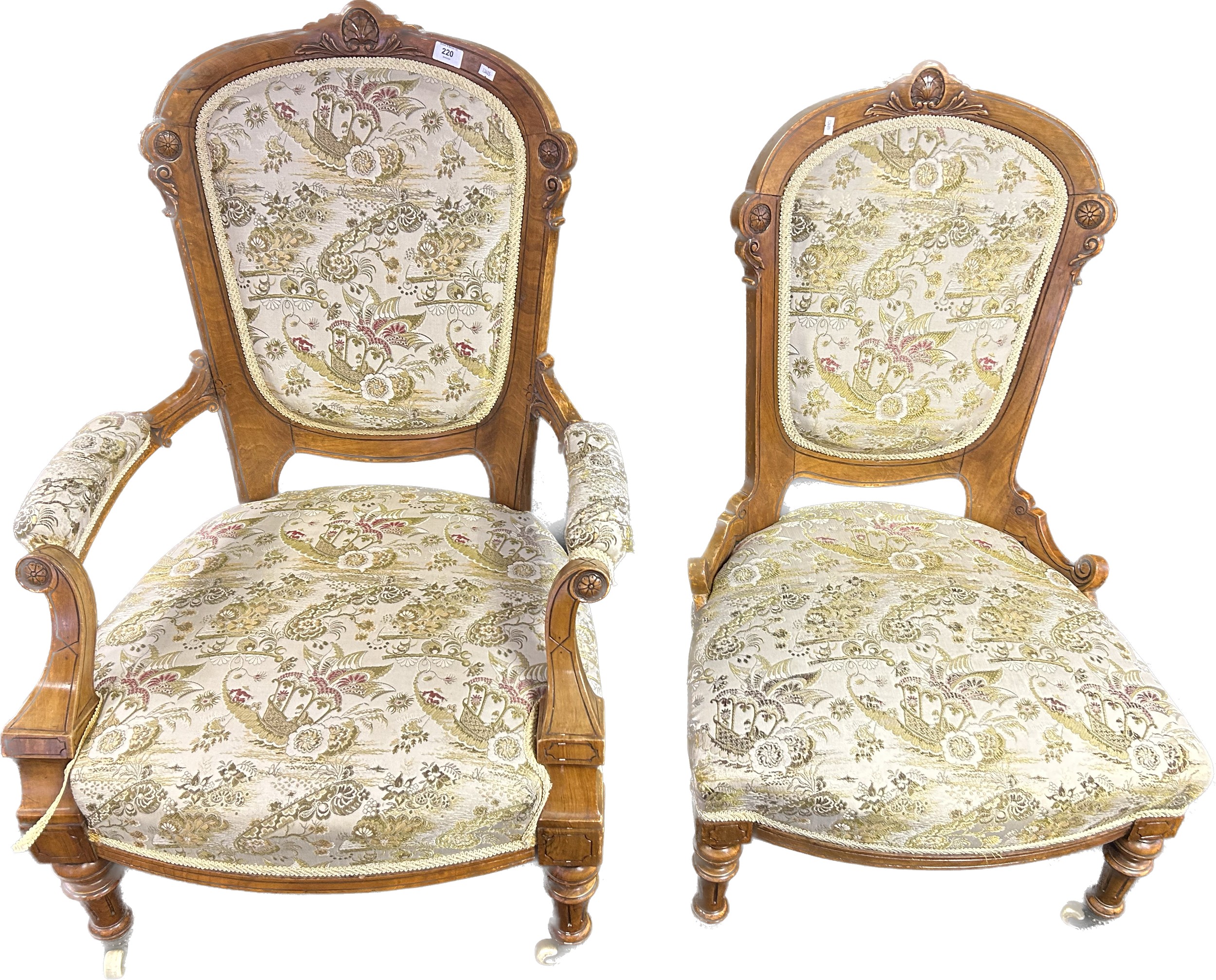 Victorian walnut his and her chairs covered in a needlework upholstery, raised on turned legs ending - Bild 5 aus 5