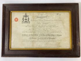 Framed antique Glasgow burgess & guild brother Royal burgh of Glasgow certificate presented to Colin