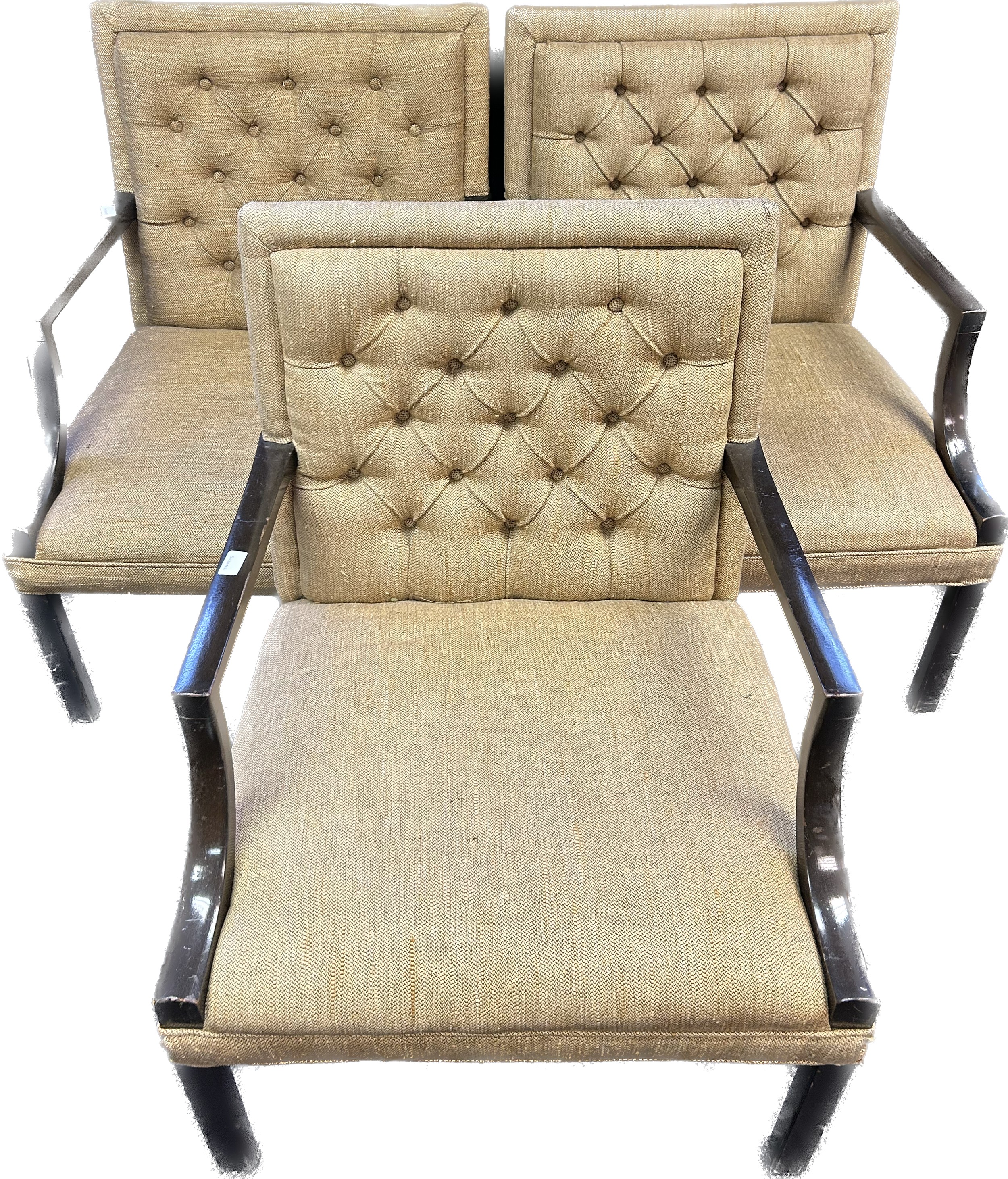 Set of three 19th Century button back armchairs covered in a neutral upholstery raised on square