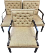 Set of three 19th Century button back armchairs covered in a neutral upholstery raised on square