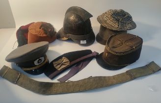 Vintage military & collectables hats; to include antique fireman's hat, military officers hat & belt