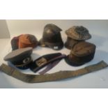 Vintage military & collectables hats; to include antique fireman's hat, military officers hat & belt