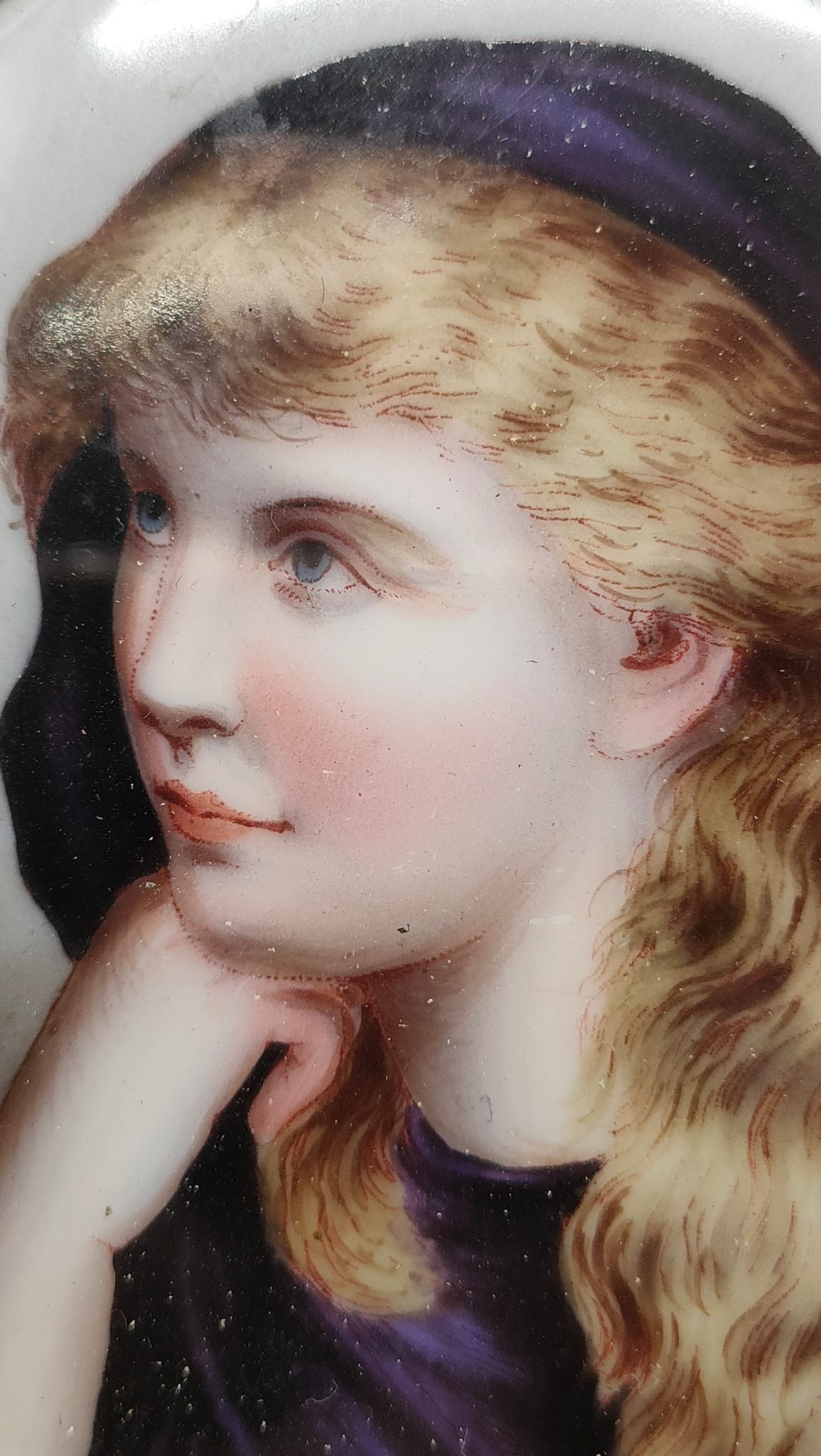 19th century hand painted portrait on porcelain of a cloaked girl. Fitted within a small dark - Image 2 of 3