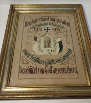 World war one period German commemorative stitched panel with medal and portrait of officer in