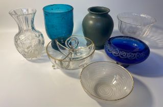 Hand blown blue art glass vase, cobalt blue glass bowl with Celtic & animal design & others