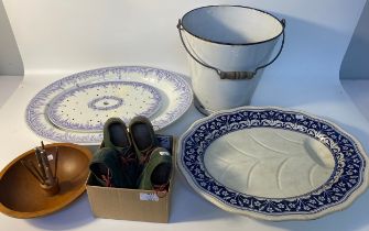 Large enamel pale, Two Victorian platters, mid century nut cracker bowl & selection of antique